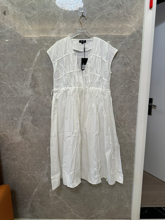 White Sleeveless Gathered Waist Midi Dress V Neck Casual Summer Dress