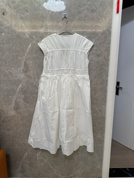 White Sleeveless Gathered Waist Midi Dress V Neck Casual Summer Dress