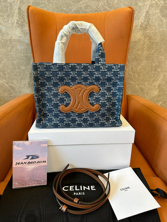 CELINE Triomphe Denim Tote Bag Blue Canvas Tan Leather Logo Handbag