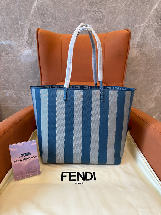 FENDI FF Stripe Canvas Tote Bag Blue Large Shopper Shoulder Bag