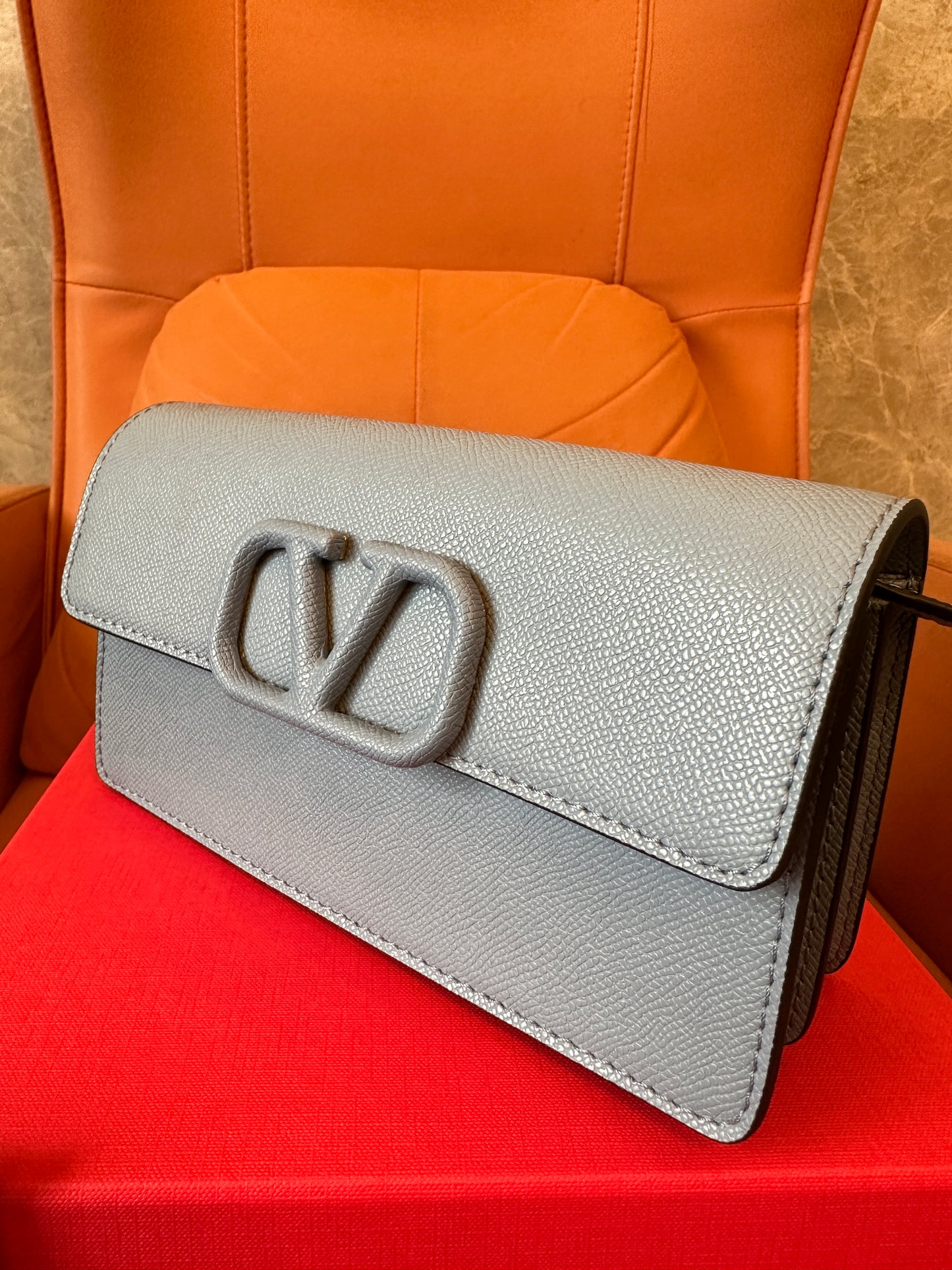 Valentino Garavani VLogo Signature Shoulder Bag in Powder Blue Calfskin