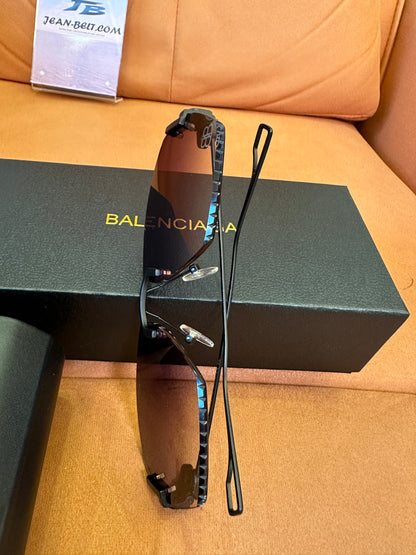 Balenciaga BB0174Q 007T Rimless Sunglasses – Black Studded Shield Sesign