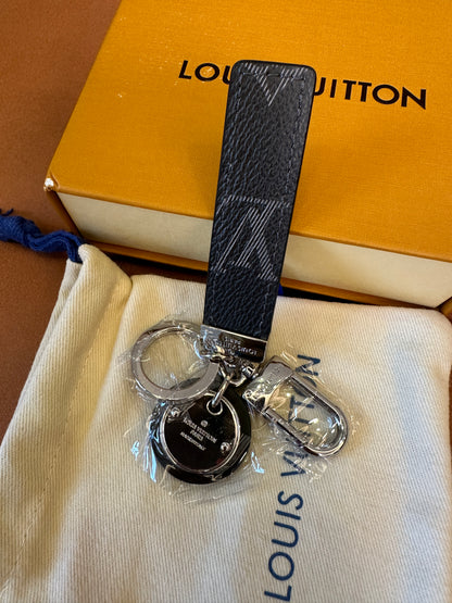 Louis Vuitton Dual-Sided Key Holder with Monogram Charm – Grey & Black Leather Strap