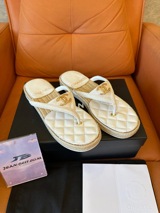 Chanel Quilted Leather Thong Sandals with Gold CC Logo