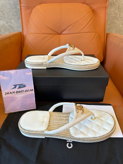 Chanel Quilted Leather Thong Sandals with Gold CC Logo