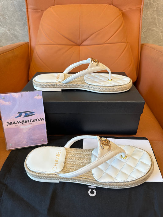 Chanel Quilted Leather Thong Sandals with Gold CC Logo