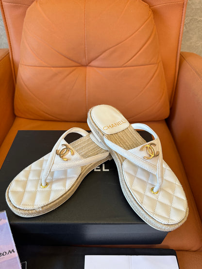 Chanel Quilted Leather Thong Sandals with Gold CC Logo