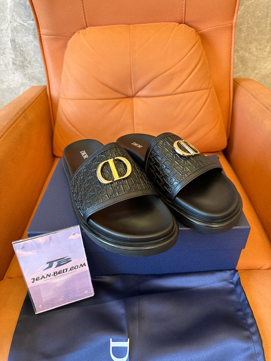 Dior CD Diamond Embossed Logo Slides - Black Rubber Sandals