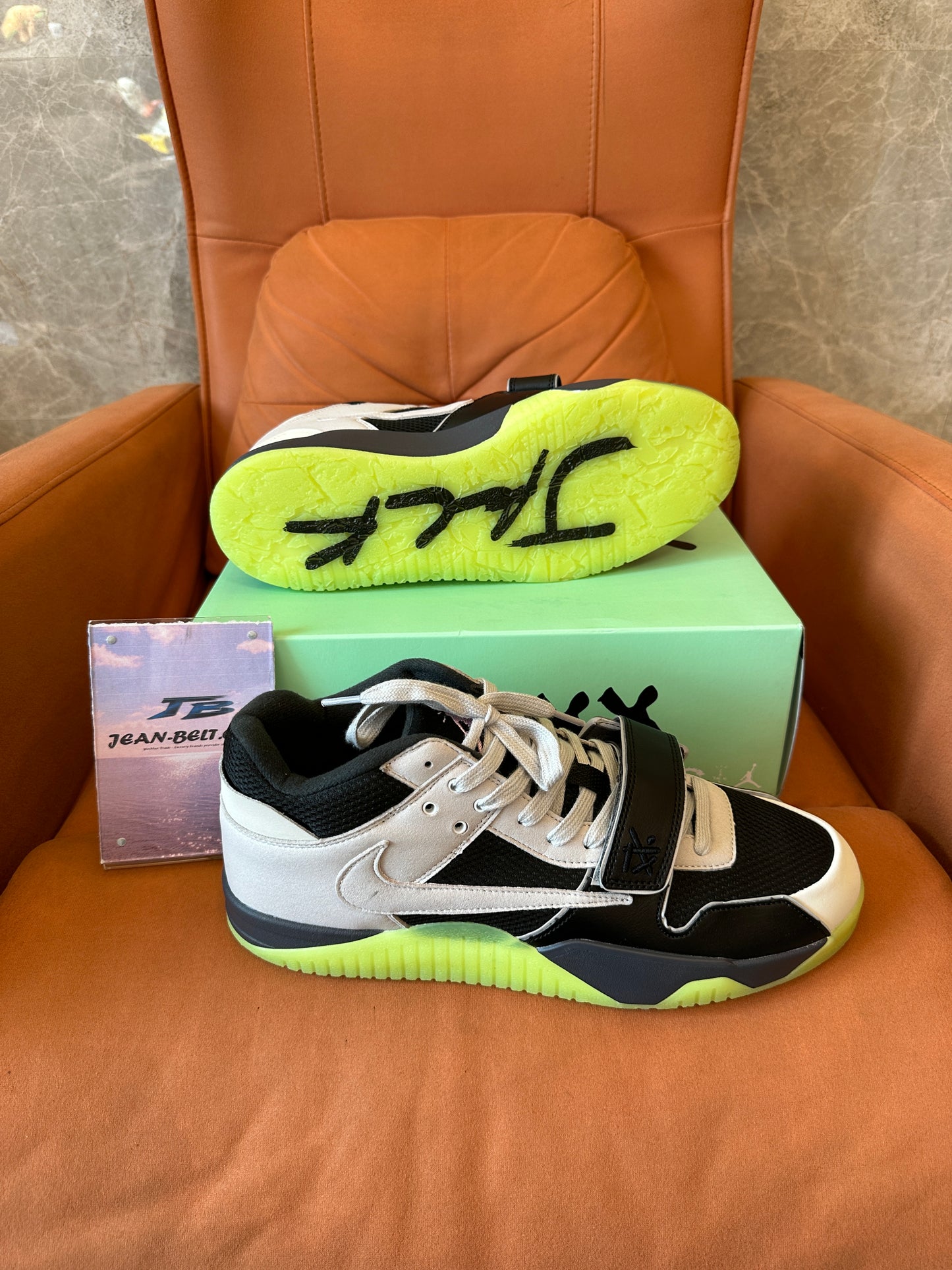Nike x Travis Scott Style Strap Trainer Sneakers Black White Neon Green Sole