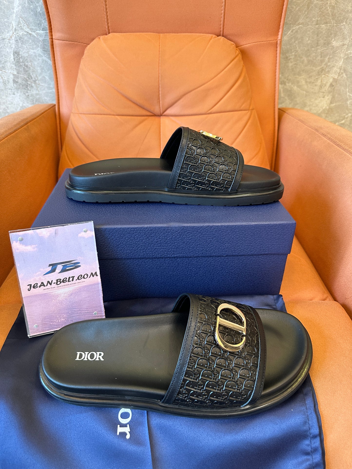 Dior CD Diamond Embossed Logo Slides - Black Rubber Sandals