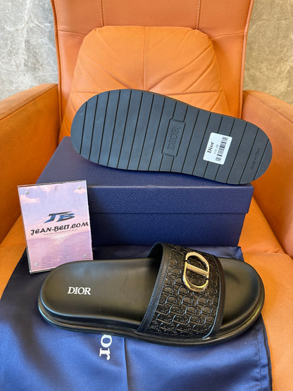 Dior CD Diamond Embossed Logo Slides - Black Rubber Sandals