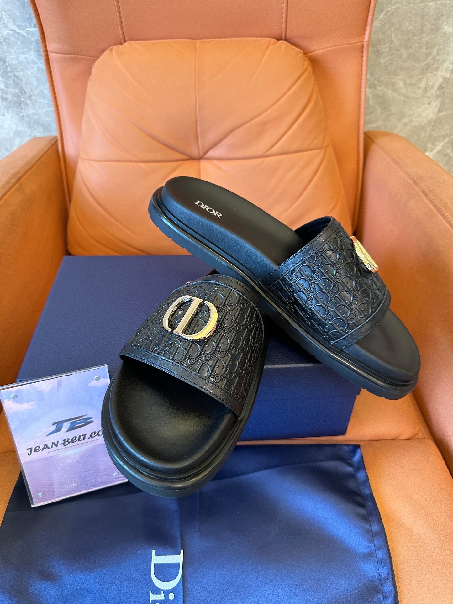 Dior CD Diamond Embossed Logo Slides - Black Rubber Sandals