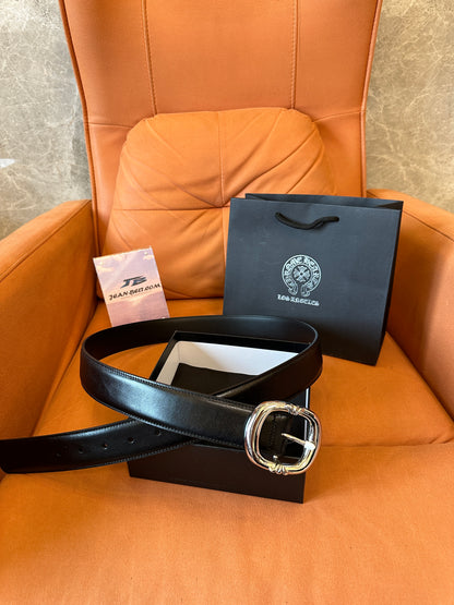 Chrome Hearts Leather Belt Silver Buckle Black