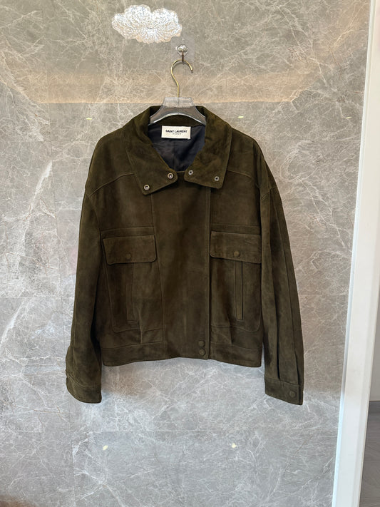 Saint Laurent Suede Leather Jacket Olive Green