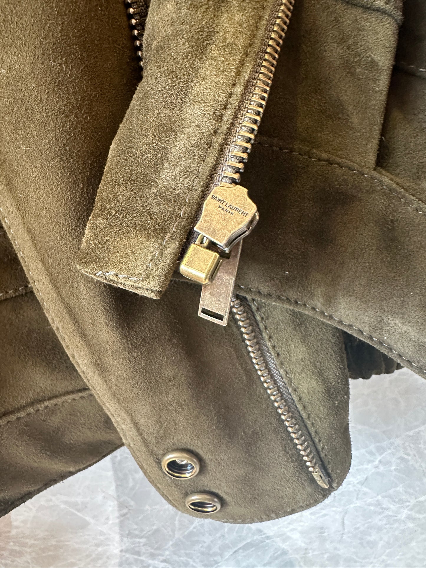 Saint Laurent Suede Leather Jacket Olive Green