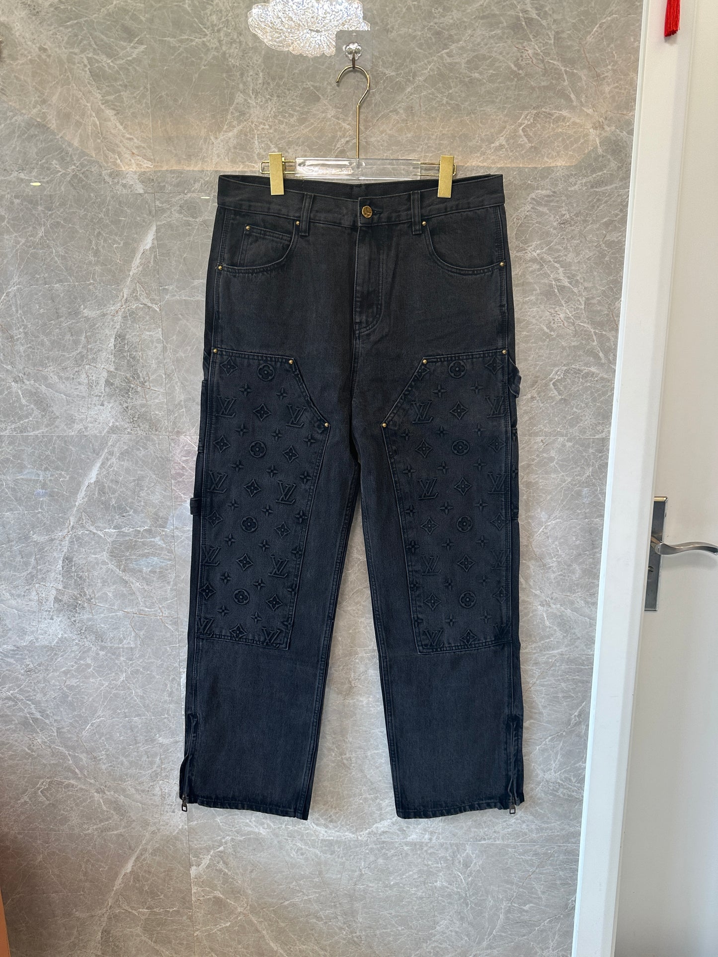 Louis Vuitton Monogram Patchwork Denim Cargo Pants Black