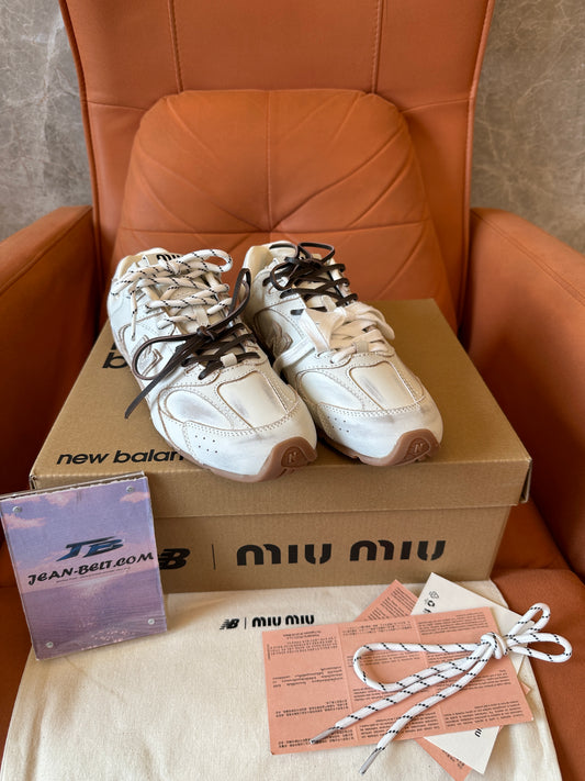 Miu Miu x New Balance Leather Distressed Sneakers Beige