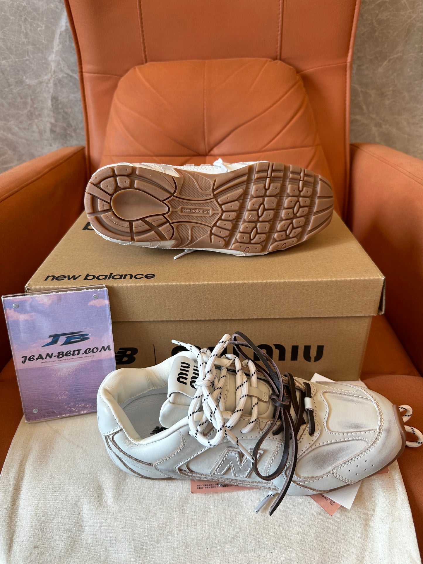 Miu Miu x New Balance Leather Distressed Sneakers Beige