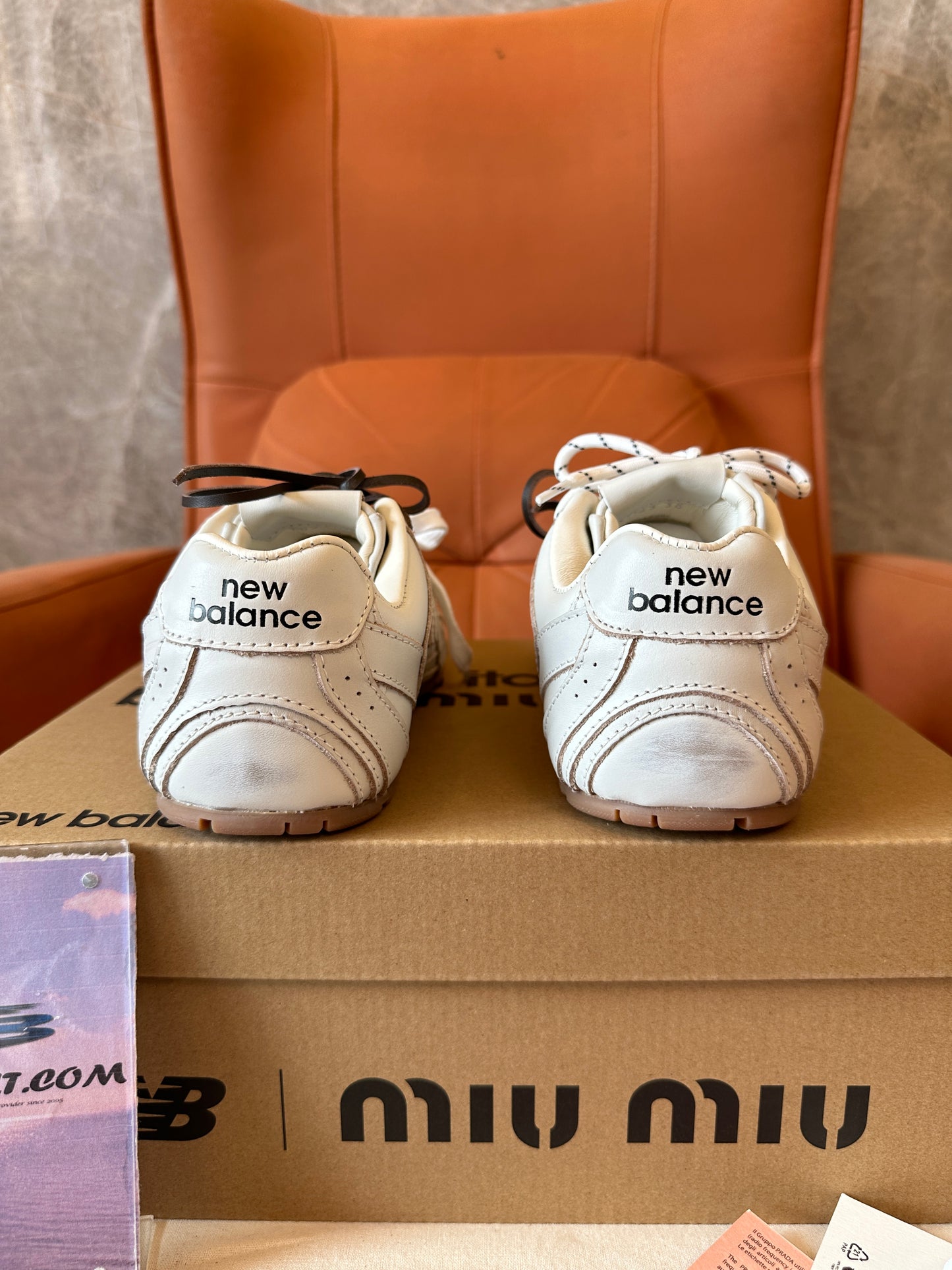 Miu Miu x New Balance Leather Distressed Sneakers Beige