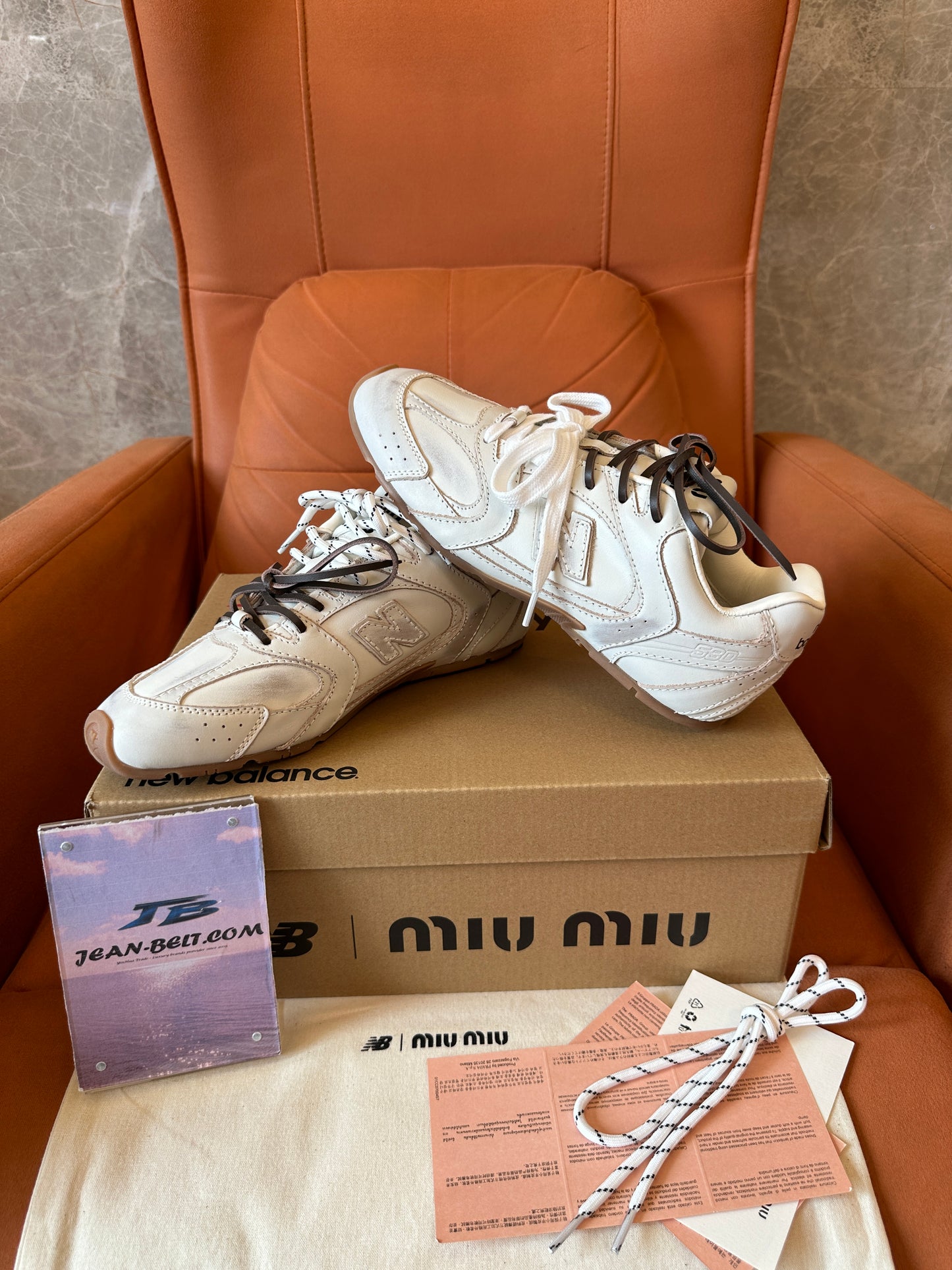 Miu Miu x New Balance Leather Distressed Sneakers Beige