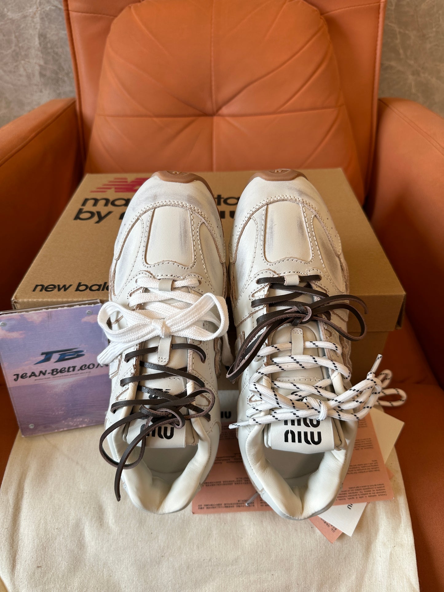 Miu Miu x New Balance Leather Distressed Sneakers Beige