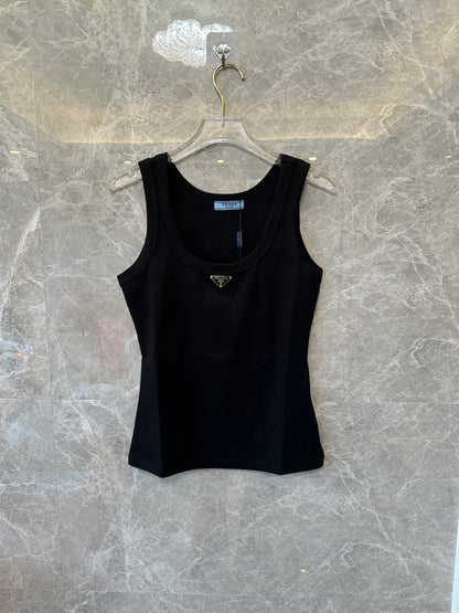Prada Logo Plaque Tank Top Black Slim Fit Basic Sleeveless Top