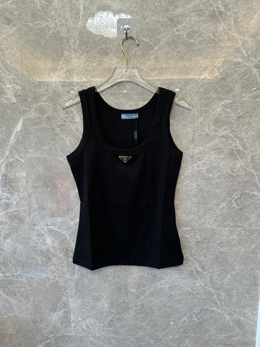 Prada Logo Plaque Tank Top Black Slim Fit Basic Sleeveless Top