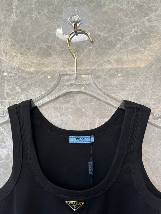 Prada Logo Plaque Tank Top Black Slim Fit Basic Sleeveless Top
