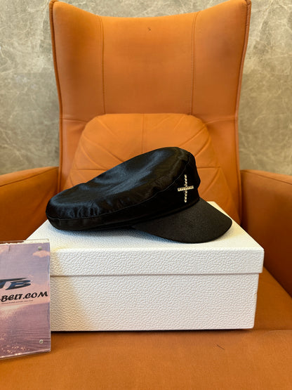 Crystal Logo Satin Newsboy Cap Black Fashion Street Style Hat Women