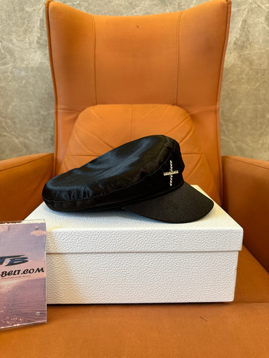 Crystal Logo Satin Newsboy Cap Black Fashion Street Style Hat Women