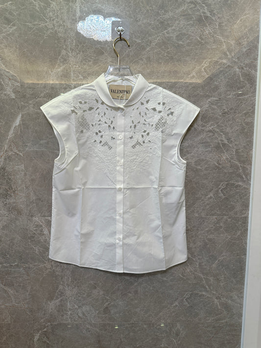 Valentino Lace Embroidered Sleeveless Blouse White Elegant Shirt Women