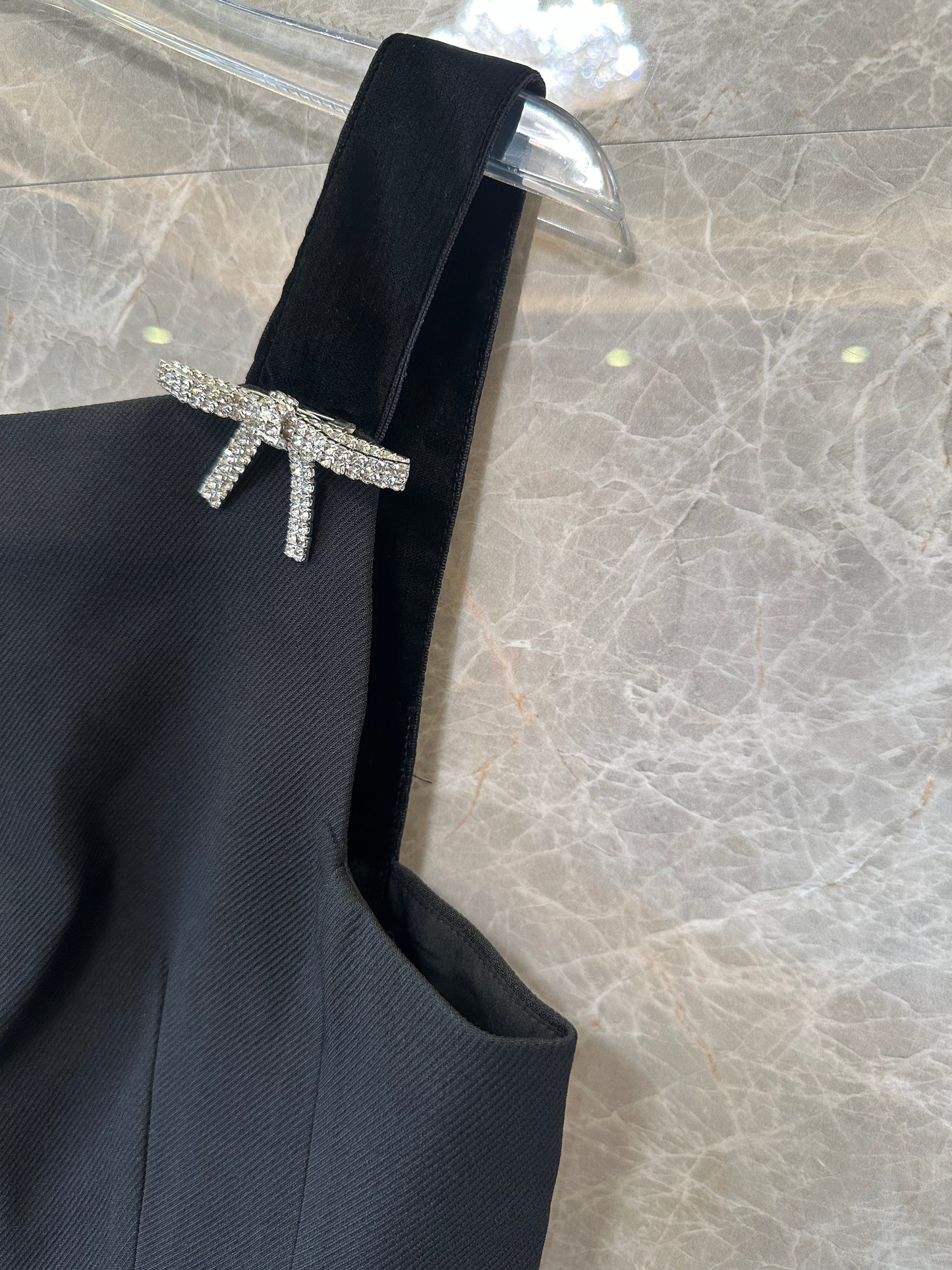 Elegant Black Square Neck Dress with Rhinestone Bow Straps