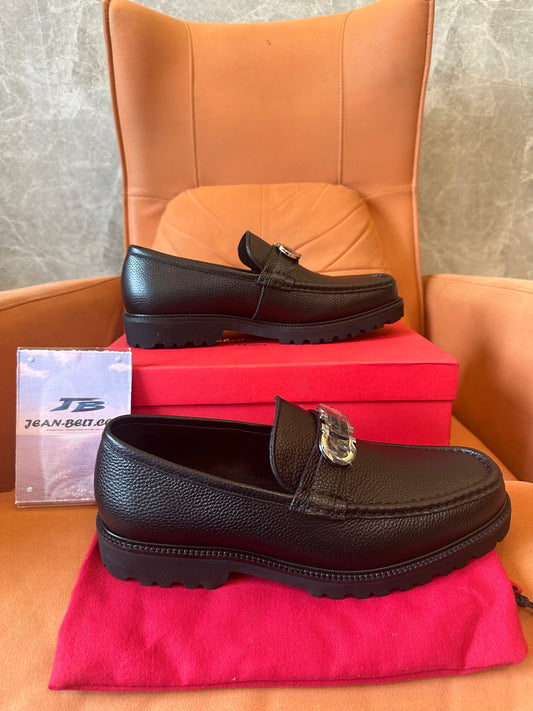 Salvatore Ferragamo Gancini Leather Loafers Men Black Slip-On Dress Shoes
