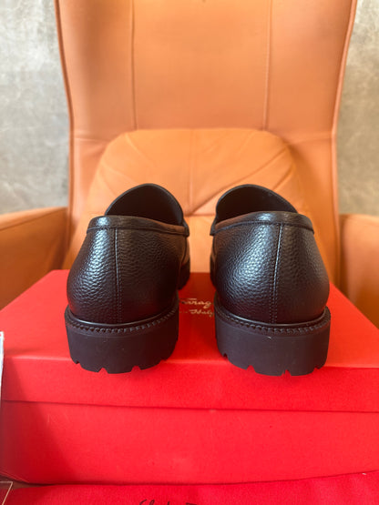 Salvatore Ferragamo Gancini Leather Loafers Men Black Slip-On Dress Shoes