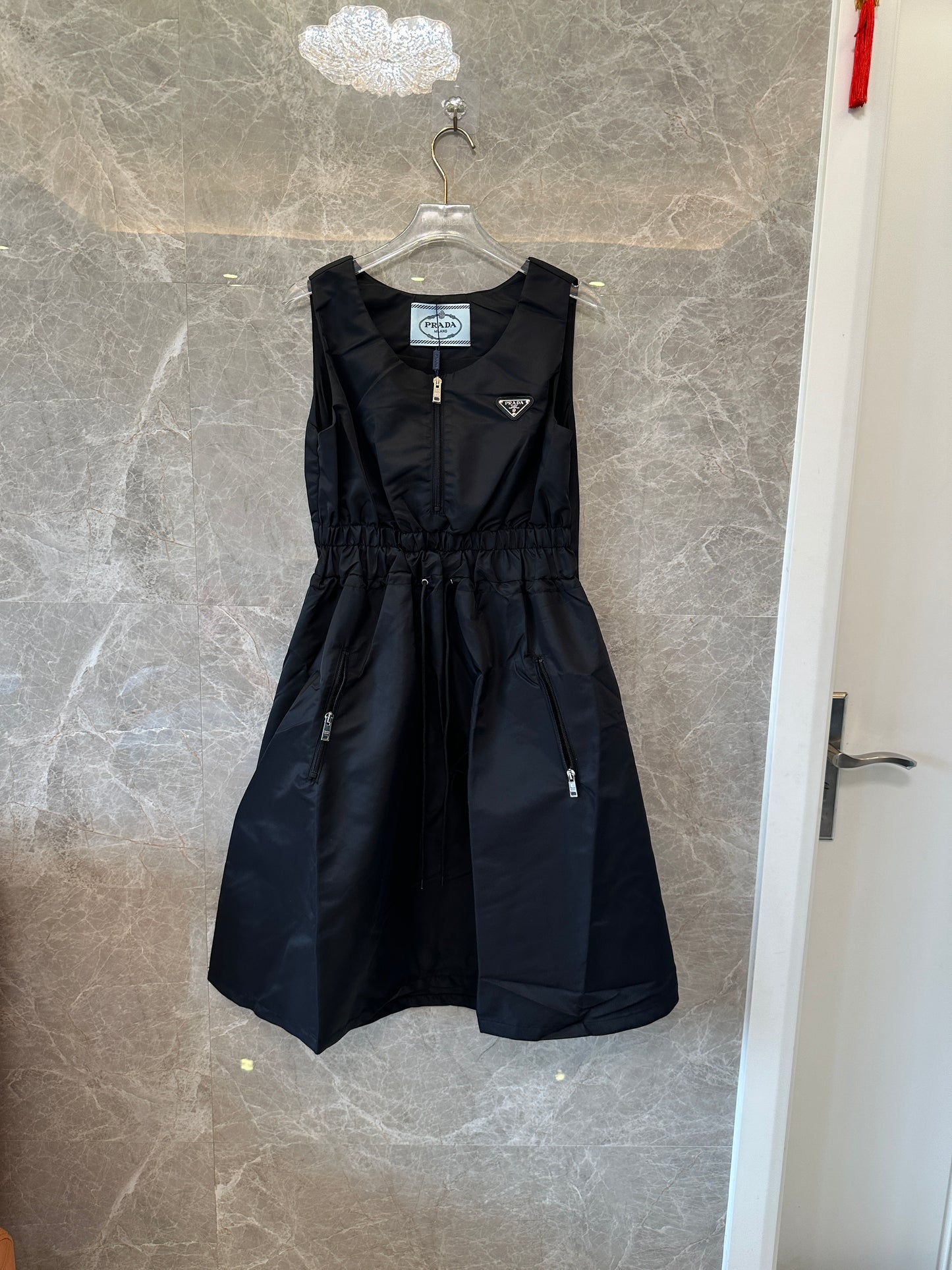 Prada Re-Nylon Sleeveless Drawstring Dress Black