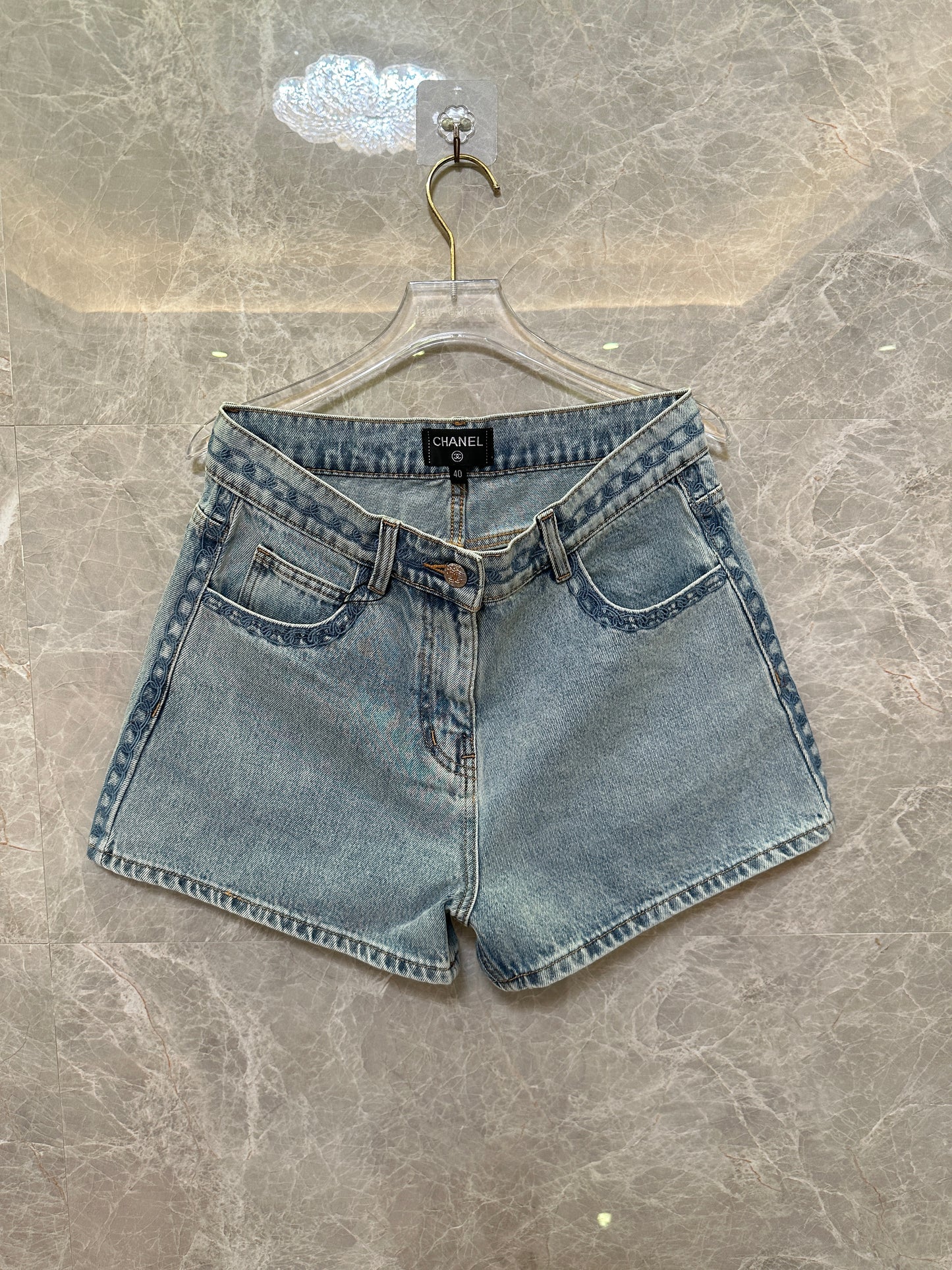 Chanel Women High Waist Denim Shorts Light Wash