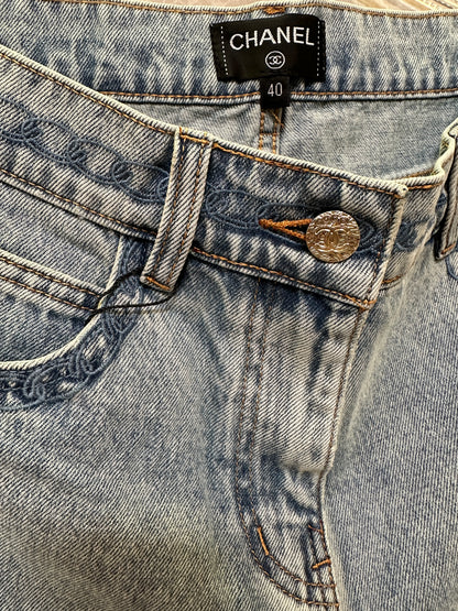 Chanel Women High Waist Denim Shorts Light Wash