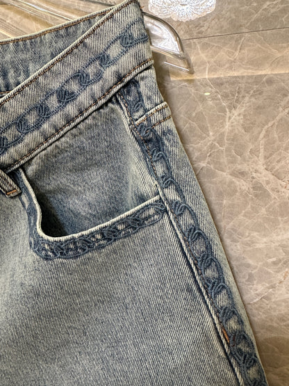 Chanel Women High Waist Denim Shorts Light Wash