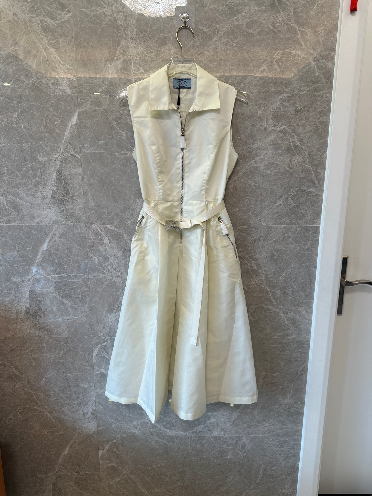 Prada White Re-Nylon Sleeveless Belted Zip-up Dress