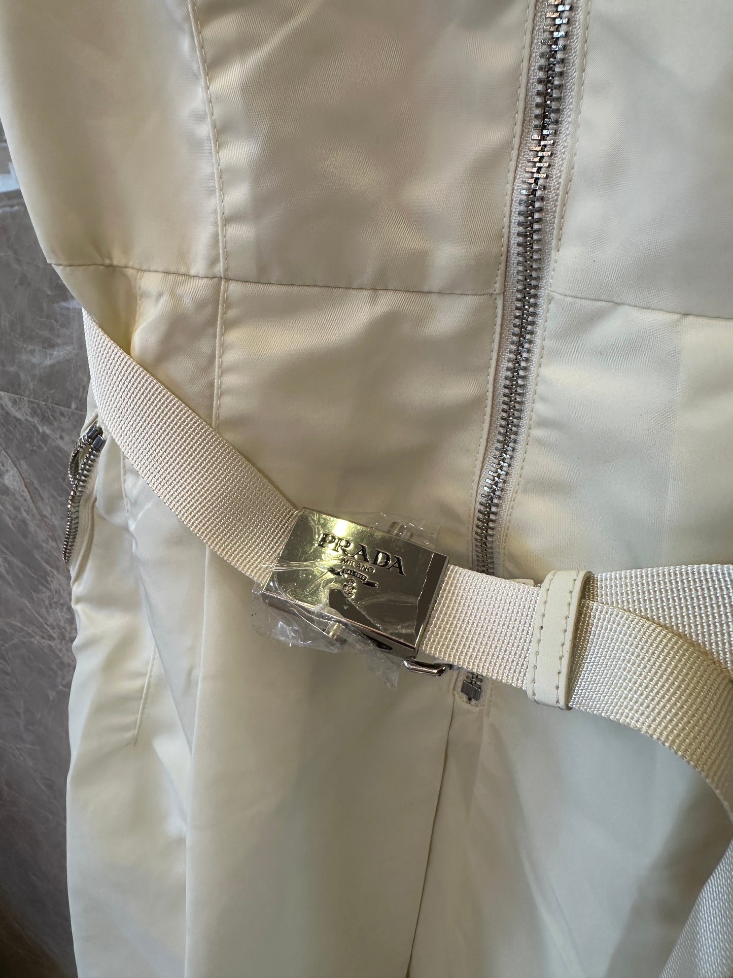 Prada White Re-Nylon Sleeveless Belted Zip-up Dress