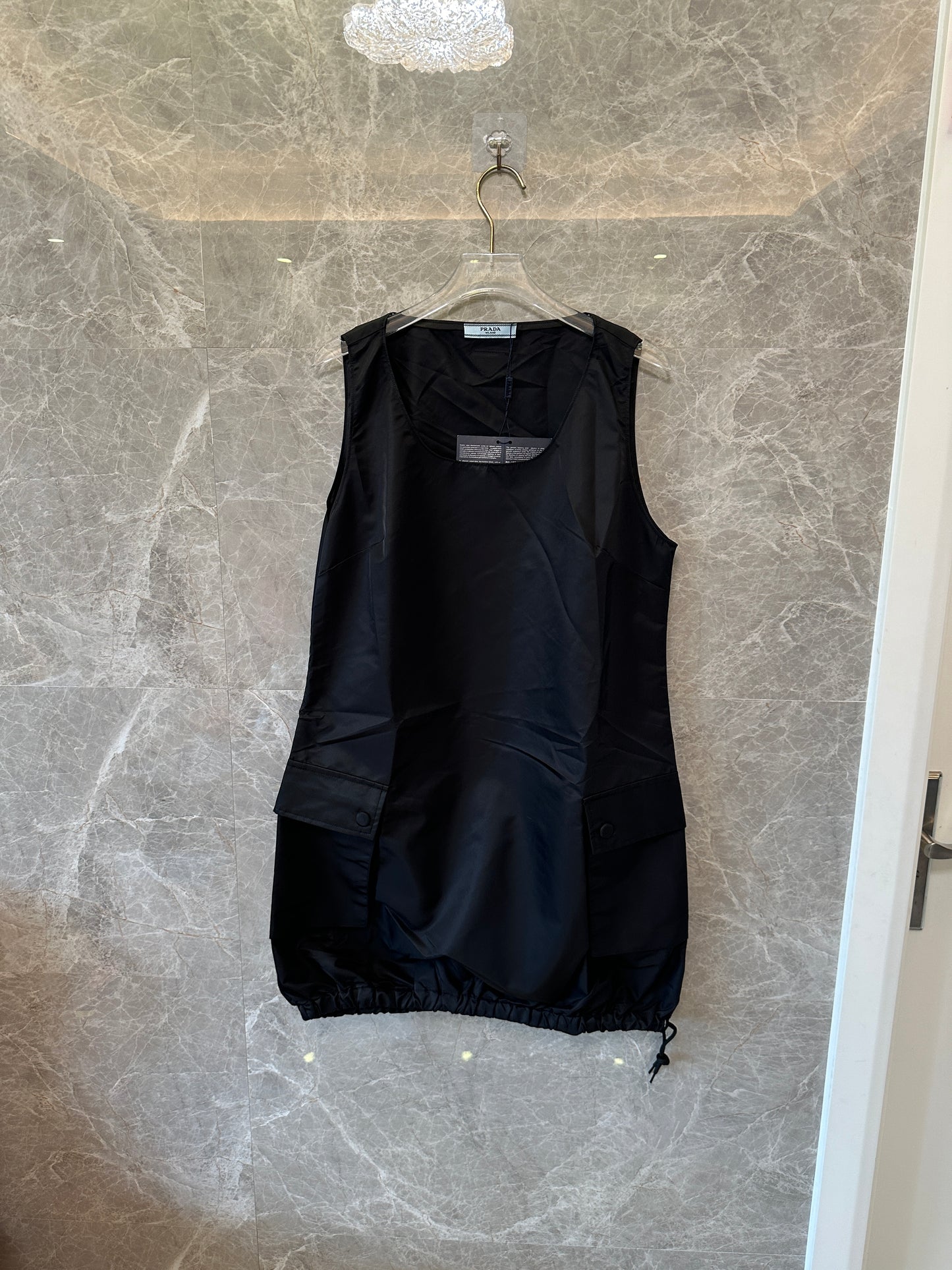 Prada Black Re-Nylon Sleeveless Drawstring Hem Dress