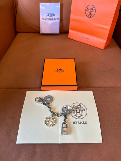 Hermes Silver Metal Keychain Bag Charm with Padlock and H Logo