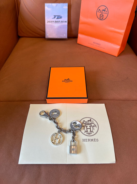Hermes Silver Metal Keychain Bag Charm with Padlock and H Logo