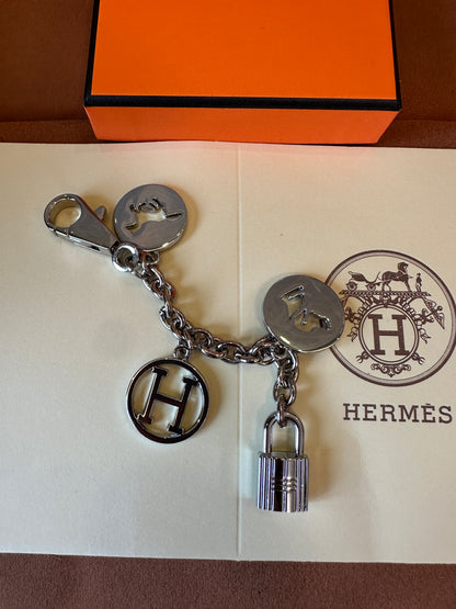 Hermes Silver Metal Keychain Bag Charm with Padlock and H Logo