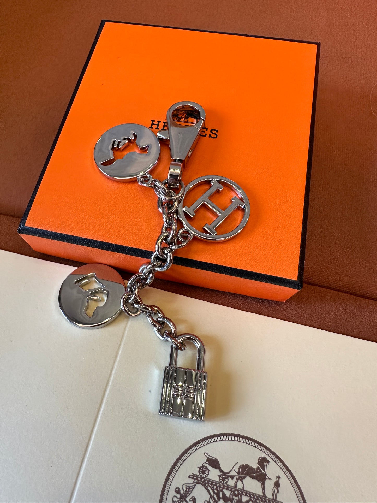 Hermes Silver Metal Keychain Bag Charm with Padlock and H Logo