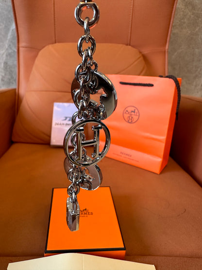 Hermes Silver Metal Keychain Bag Charm with Padlock and H Logo