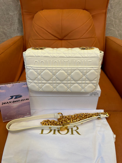 Dior White Cannage Quilted Leather Chain Shoulder Bag Small Flap Crossbody