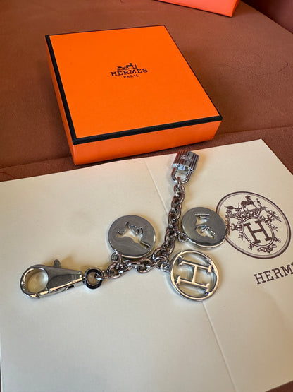 Hermes Silver Metal Keychain Bag Charm with Padlock and H Logo
