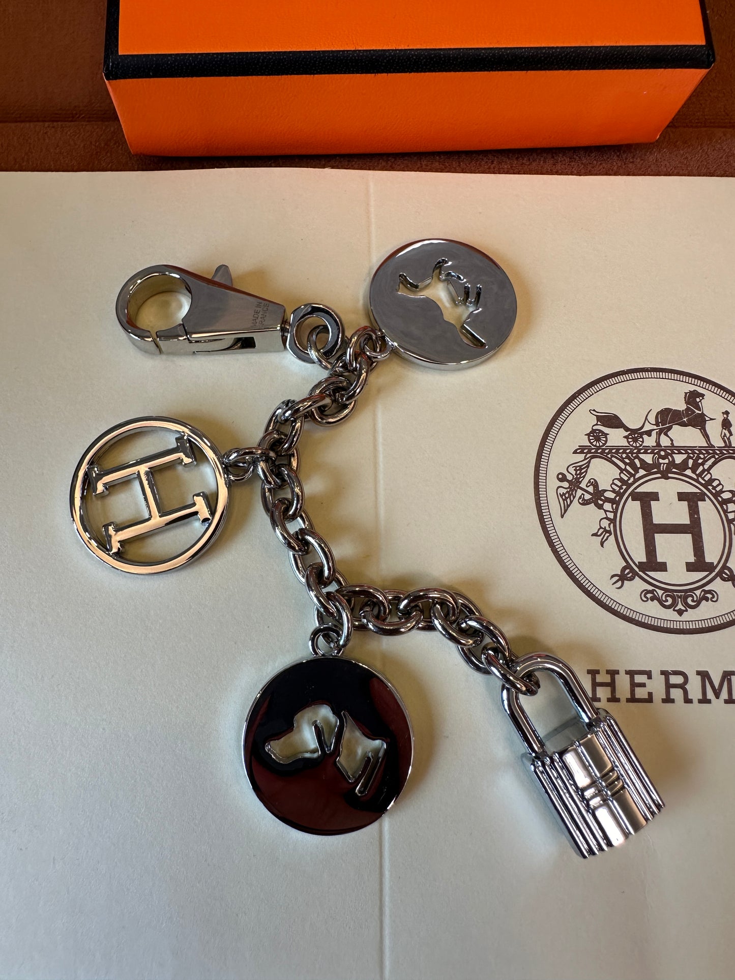 Hermes Silver Metal Keychain Bag Charm with Padlock and H Logo