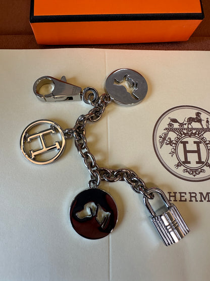 Hermes Silver Metal Keychain Bag Charm with Padlock and H Logo
